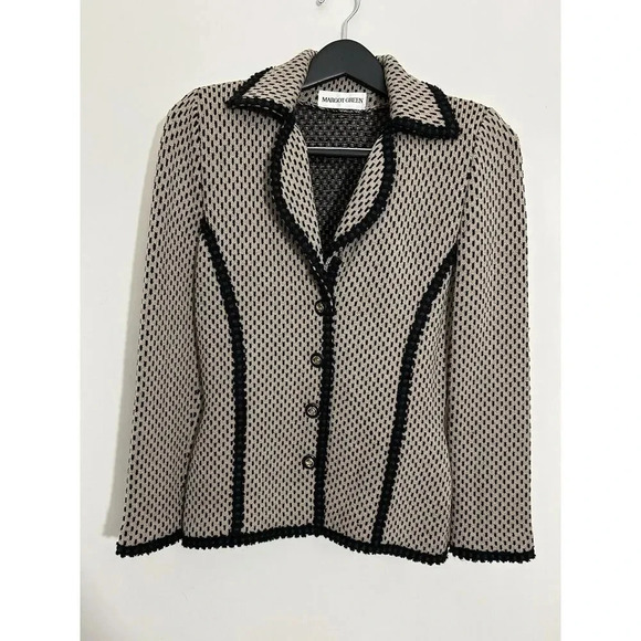 Margot Green Blazer Brown Formal Black Lines Knit Gold Buttons Vintage Size S - Picture 1 of 5